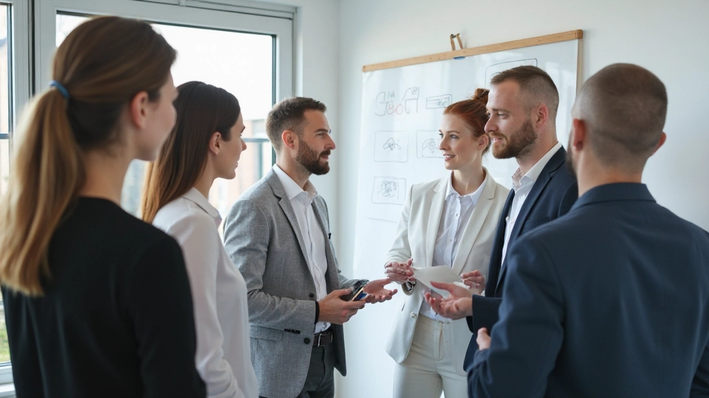 Tím UX profesionálov diskutuje o návrhoch rozhrania na whiteboarde v modernej kancelárskej miestnosti